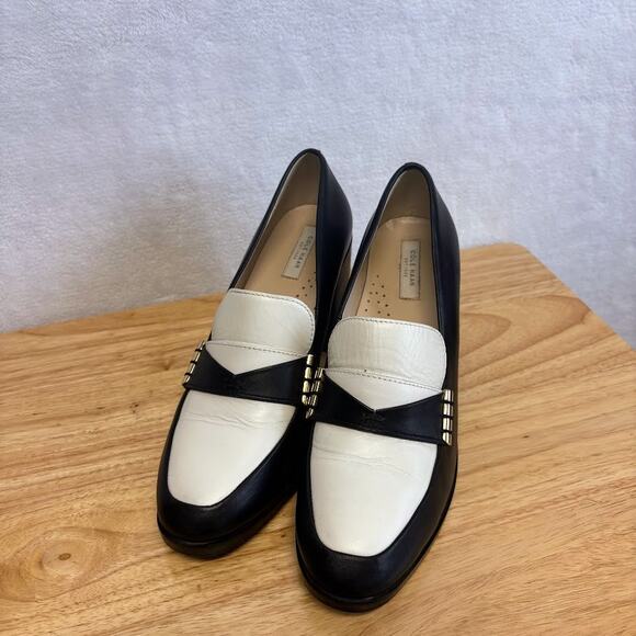 Cole Haan Mazie Colorblock Slip On Black Leather Loafer Stacked Heel Pump Size 8 - Picture 10 of 12